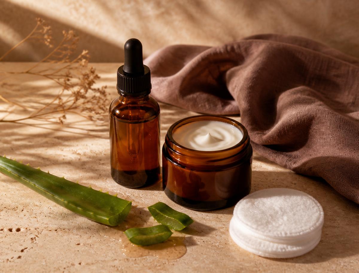 Amber serum bottle, a jar of soothing cream, aloe and cotton pads on a stone surface