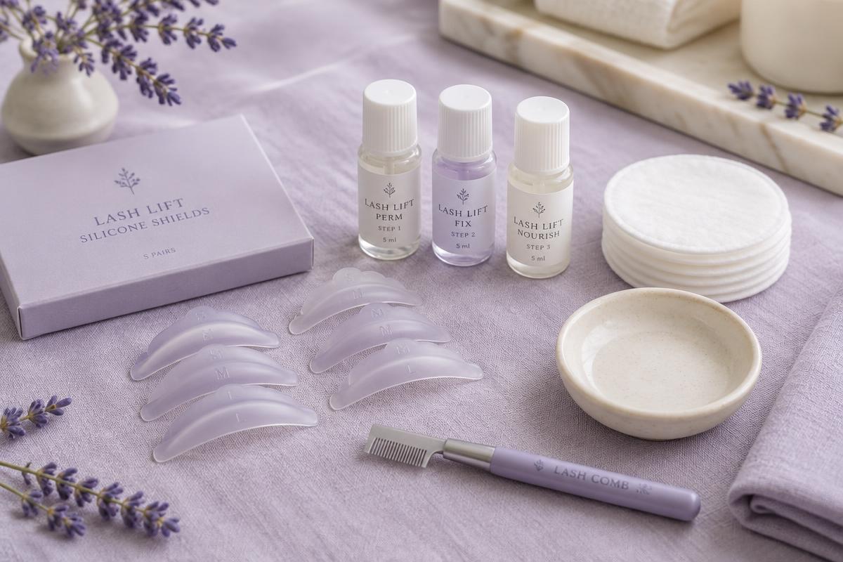 Lash lift shields, solutions and a lash comb on lavender linen